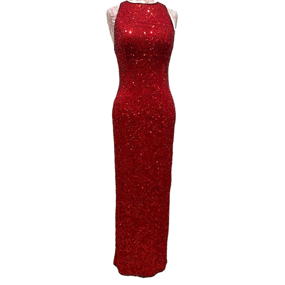 VTG 90s Silk Beaded Gown Maxi Dress Sz S Red Embellished Formal Cocktail Event